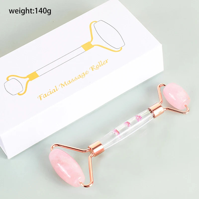Gua Sha e Rullo in Quarzo Rosa con Scatola Regalo