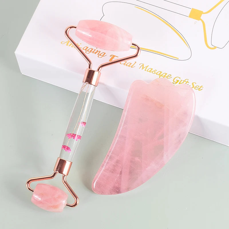 Gua Sha e Rullo in Quarzo Rosa con Scatola Regalo