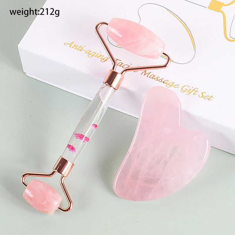 Gua Sha e Rullo in Quarzo Rosa con Scatola Regalo