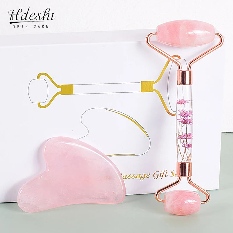Gua Sha e Rullo in Quarzo Rosa con Scatola Regalo