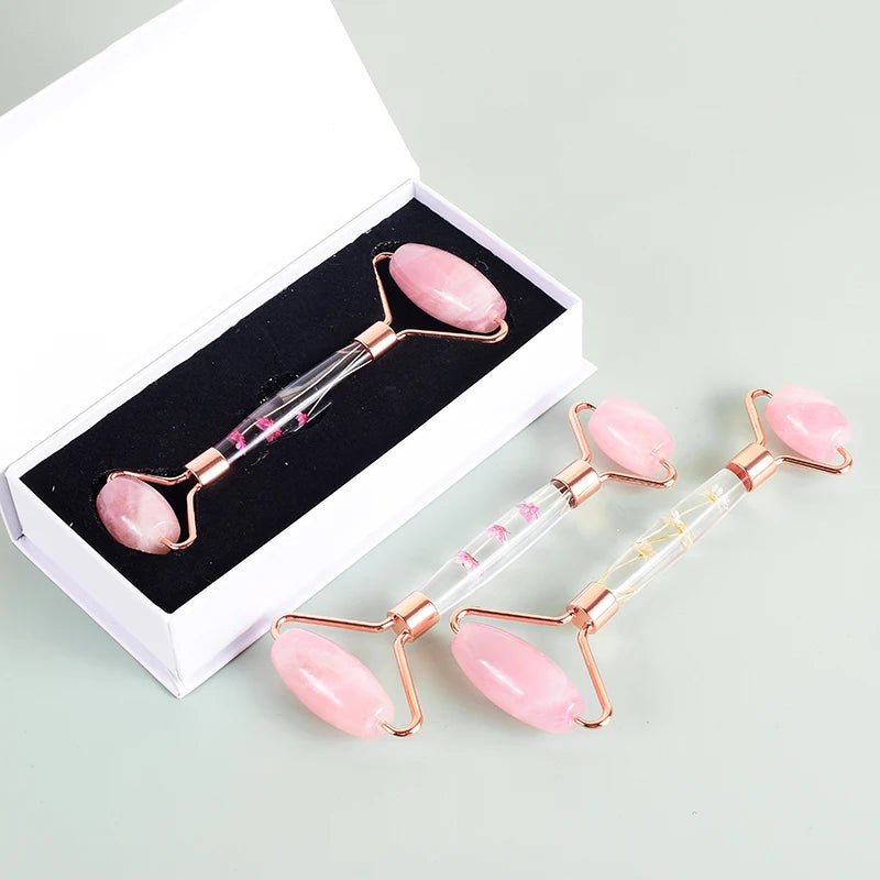 Gua Sha e Rullo in Quarzo Rosa con Scatola Regalo
