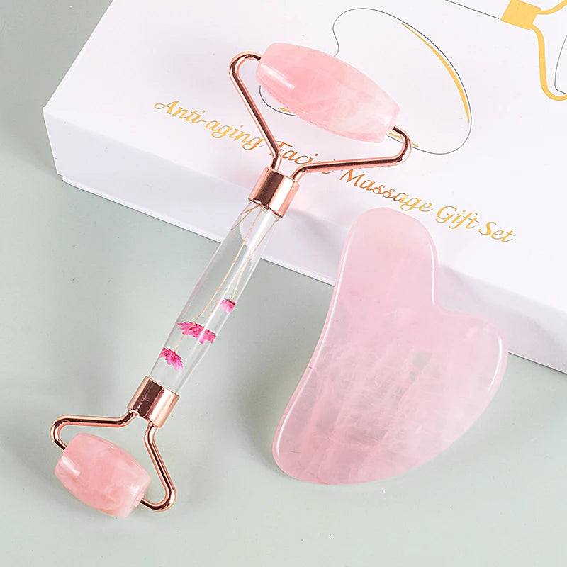 Gua Sha e Rullo in Quarzo Rosa con Scatola Regalo