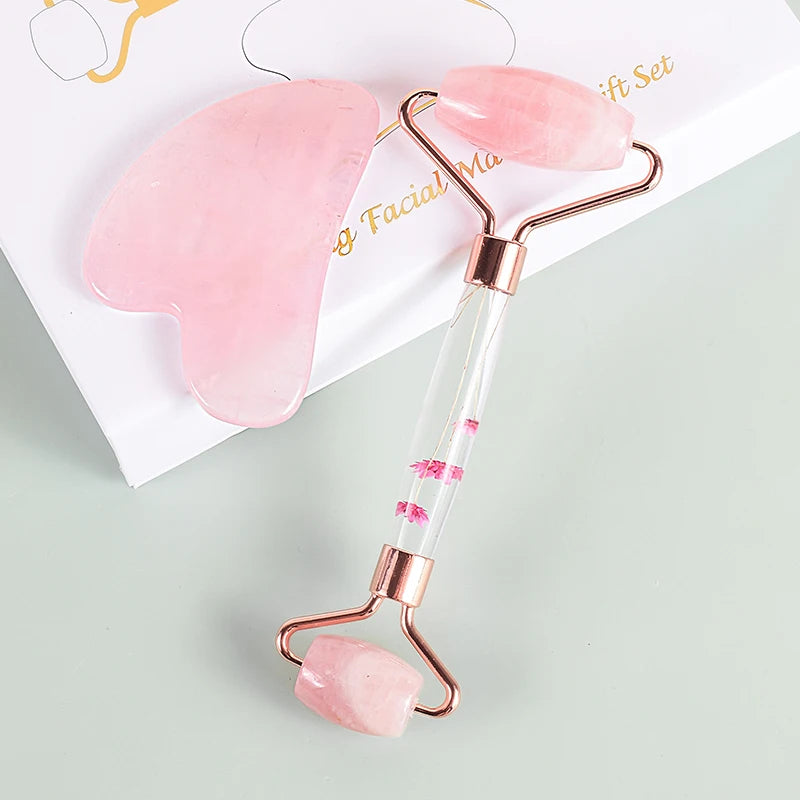 Gua Sha e Rullo in Quarzo Rosa con Scatola Regalo